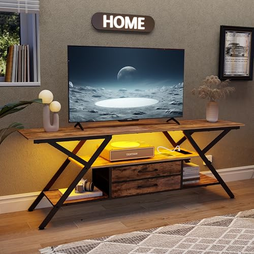 Trironsun Rustikaler TV-Schrank bis zu 55 Zoll TV-Konsole mit LED-Licht TV-Regal 2 Lagerung Stoff Schubladen Entertainment Center für Schlafzimmer Wohnzimmer