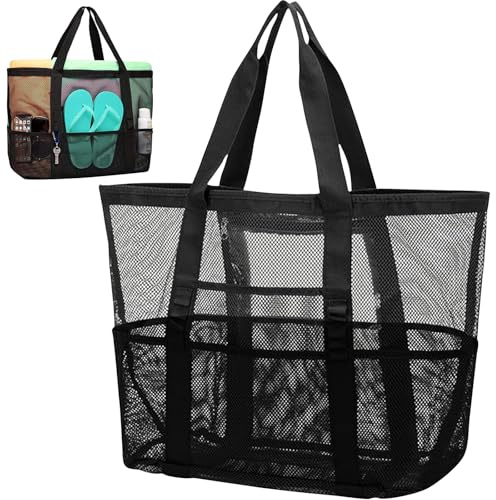 Große Netz Strandtasche Damen, Mesh Badetasche Netztasche für Sandspielzeug, Strand Tasche XXL Familie, Faltbare Handtaschen mit Taschen, für Strand Reisen Einkaufen Picknick und Alltag (Schwarz)