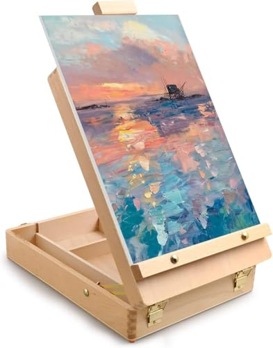 Tischstaffelei für Keilrahmen bis 60 cm – Künstlerkoffer Verstellbare Holz Staffelei Tisch Buchenholz mit Tragegriff – Desktop-Mal-Staffelei für Schüler-Künstler-Anfänger