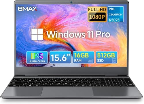 BMAX PC Portatile 15,6 Pollici FHD Notebook, 16GB RAM 512GB SSD Intel Celeron N5095 fino a 2,9 GHz Win 11 Pro Computer Portatile Laptop 2.4G/5G WiFi, Mini HDMI, Bluetooth 4,2, USB3.0x2
