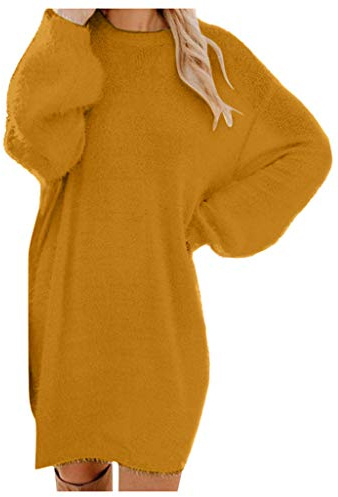 Kaschmir Pullover Damen, Pulloverkleid Damen Oversize Strickkleid Winterkleid Langarm Herbst Pullover Herbstkleid Knielang Einfarbig Rundhals Sweatkleid Strickkleider Winter Warm Casual Dress