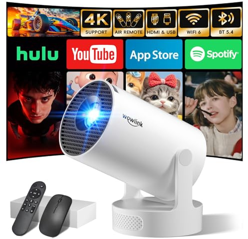 [Built-in Apps & 2026 Upgraded] Mini Projector with WiFi 6 and Bluetooth 5.4 Support 4K 1080P Auto Keystone 180° Rotatable Projector Portable Compatibile with HDMI/TV Stick/Memory Stick/Laptop, White