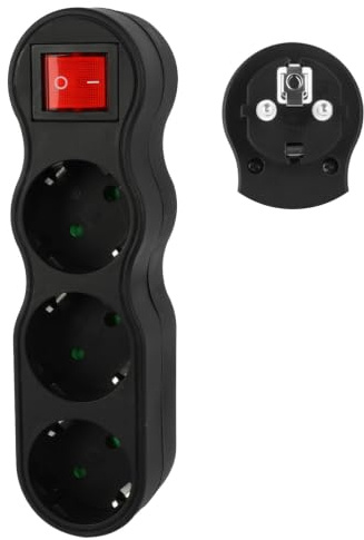 CILIA 3-i-1 vägguttag med ON/OFF-brytare, 16 A, 250 V, max. 3 500 W, eladapterblock, utrymmesbesparande, 3 x Schuko-uttag, F-typ, svart, 1 st