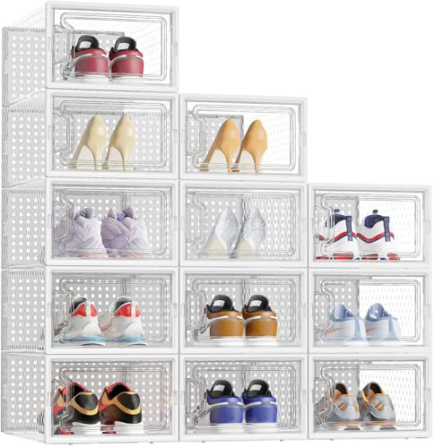 Schuhboxen, 12er Set Schuhkarton Stapelbar Transparent Schuhorganizer | Faltbar Schuhaufbewahrung für Schuhe bis Größe 45, Weiß