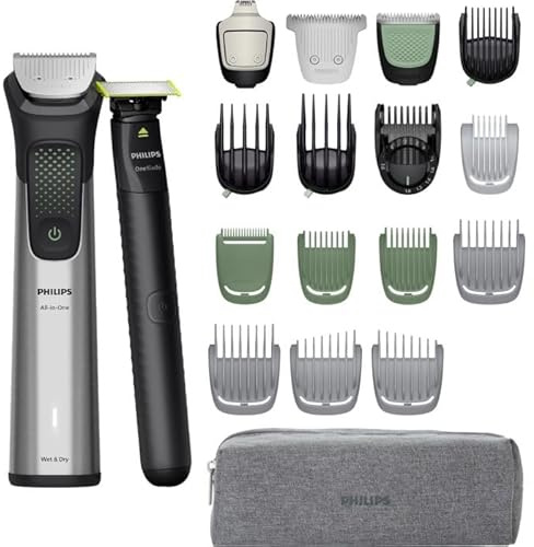 PHILIPS Multigroom Series 9000 All-in-One 20-teiliger Barttrimmer und Haarschneider + OneBlade-Trimmer - Komplettes Pflegeset für Gesicht, Kopf & Körper, 27 Längeneinstellungen (0,2-20 mm), MG9557/15