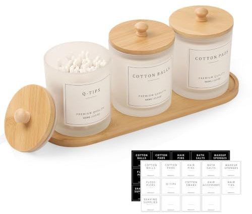 Glas Wattestäbchen Behälter mit Bambus Tablett - 3er-Set 400ml Wattestäbchen Spender mit Etiketten, Ohrstäbchen Behälter, Wattepads Aufbewahrung Organizer Set für Wattepads Zahnseide Sticks Haargummis