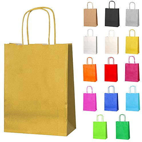 Thepaperbagstore 20 Goldene kleine Papiertüten mit Henkle 18 x 22 x 8 cm | Farbige, recycelbare Kraftpapiertüten für Süßigkeiten, Geschenke, Hochzeiten, Partys & Events.