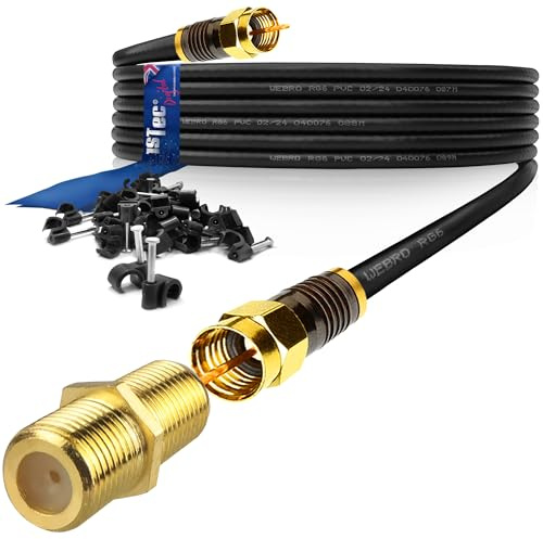 1STec 5m Long Black Gold Plated Male to Male Super Fast Virgin Media Webro RG6 Extension Cable with Female Joining Coupler for V6 TIVO Set Top Box or VIVID Fibre Super Hub Broadband Modems 5 Metre