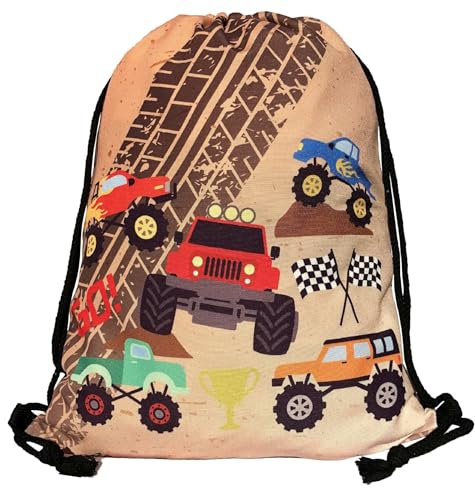 HECKBO garçons garçon sac de gym - motif grands camions (deux côtés) - lavable en machine - 40x32cm – maternelle, crèche, voyage, sport, école - sac à dos, sac, sac pour jouet, sac de sport