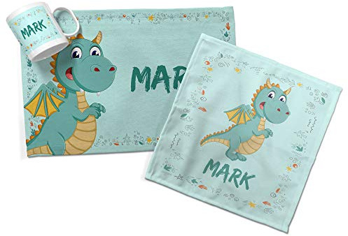 Pack Infantil. Taza/Mantel/Servilleta Personalizados con Nombre y Texto. Varios Diseños a Elegir. Dragón
