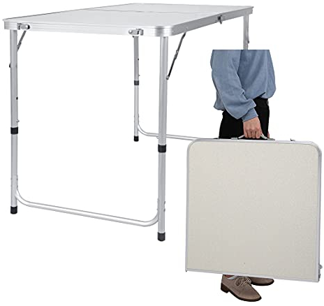 120cm Folding Picnic Table, Aluminum Alloy Camping Table that Fold Up, Portable Fold Away Garden Beach Barbecue BBQ Table, Lightweight 3 Gear Adjustable Height Outdoor Dinning Table with Carry Handle