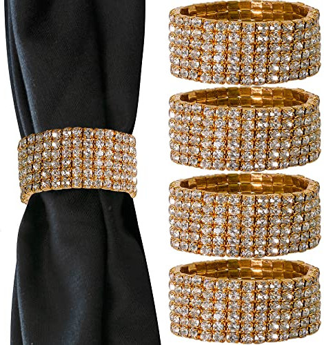 Elastischer Serviettenring, funkelnde Glas-Strasssteine, für Stoffservietten, elegante formelle Esstisch, Event, Hochzeit, Gold, 5,1 cm, 4 Stück