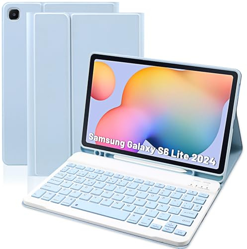 Zabatoco Funda con Teclado Español Ñ para Galaxy S6 Lite 10.4, Azul Claro | Funda de Cuero con Teclado Bluetooth Desmontable para Samsung Tab S6 Lite (SM-P620/P625/P613/P619/P610/P615,2024/2022/2020)