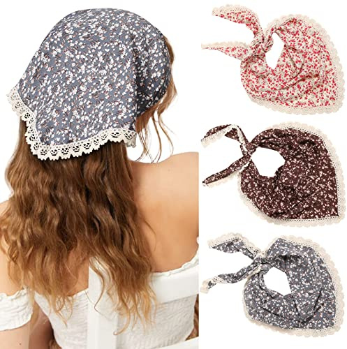 Molans Kopftuch mit Blumenmuster, Chiffon, Halstuch, Halstuch, Vintage, Boho, Haarschal für Damen und Mädchen, 3 Stück, Kaffee/Blau/Beige, 3 Count (Pack of 1)