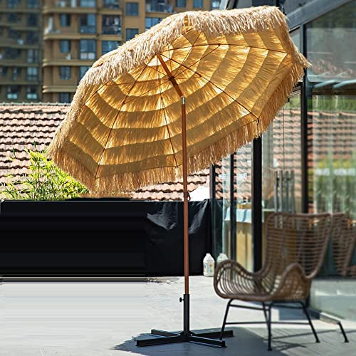 240 cm Parapluie de Patio Parasol de Jardin Parasol de Paille de Plage, Grand Parapluie Tiki de Chaume Hawaïen Tropical pour Plage Piscine Arrière-Cour, 8 Nervures et Mécanisme d'inclinaison