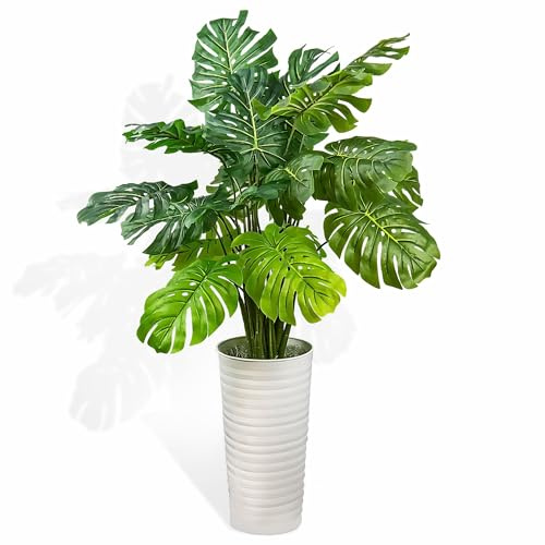 LCG Florals 4ft Artificial Monstera Plant, Potted - Tall Fake Indoor Corner Plant, Realistic Faux Greenery in Ribbed White Pot - Home Decor for Living Room, Bedroom, Office