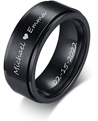 FLHEART Personalisierter Edelstahl Spinner Ring Herren: Individuell Schwarz Spinner Fidget Ehering Versprechen Ring Verlobungsring für Ihn Ehemann Freund, 8mm Breite Gravieren Ringe mit Namen
