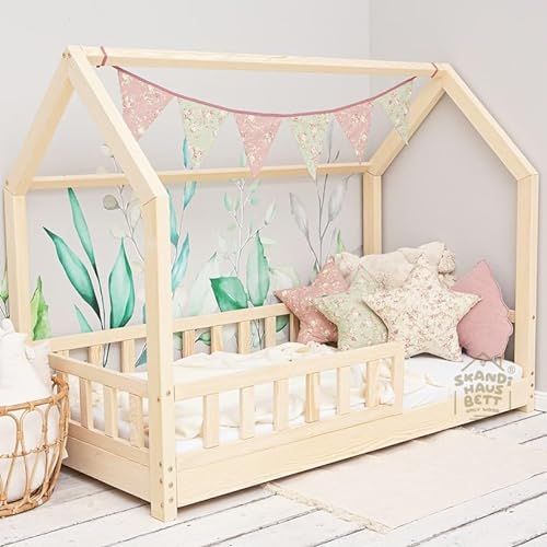 Hausbett 70x160 Mit Rausfallschutz Naturholz - Bell Nuo - Kinderbett mit Lattenrost - Stabiles Rausfallschutz Bett für Kinderzimmer - Gemütlich Kinderbett Mädchen