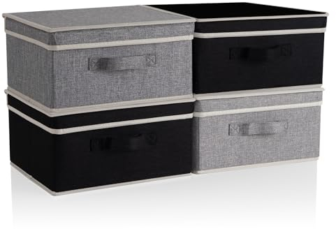 BrilliantJo Boîtes de rangement avec couvercle, panier de rangement pliable avec poignée pour jouets, livres, placard, chambre, maison, 33,5 x 31,75 x 17,5 cm (L x l x H) Gris + Noir
