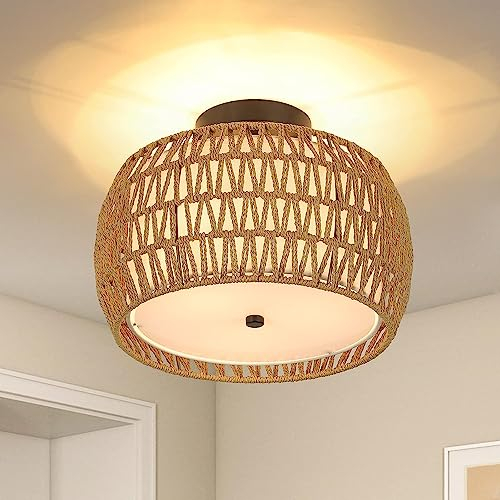 Rayofly Lampe de plafond suspendue en rotin, plafonnier boho avec abat-jour en rotin, lampe de plafond vintage, lampe panier boho noire pour le salon, la chambre, la cuisine et le couloir.