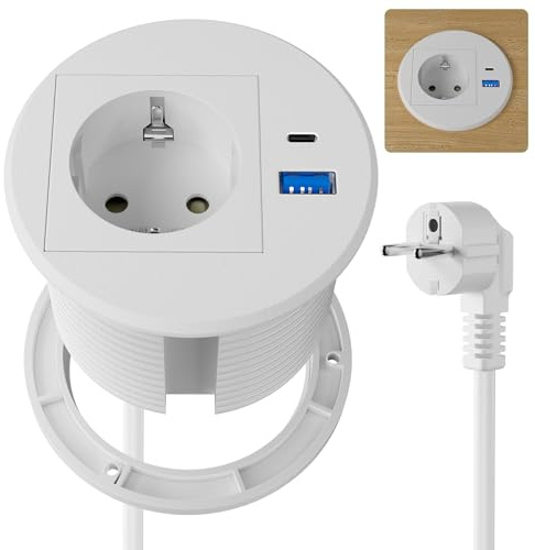 Enchufe Empotrable Mesa con USB C PD 20W, Regleta de Mesa con 2 USB, Regleta Empotrable para Muebles o Superficies de Trabajo, Cable de 2 m, Blanco