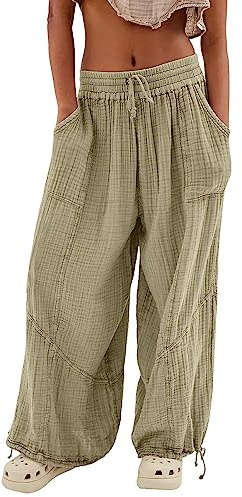 Pantalon baggy décontracté en coton et lin pour femme - Coupe ample - Jambe large - Pantalon de jogging - Pantalon sarouel à enfiler - Confortable - Sac en papier - Pantalon de travail - Pantalon de