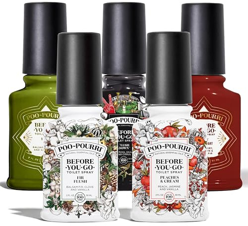 Poo-Pourri Before You Go Toilet Spray 5 Pack Set 2 oz Bottles, Peaches And Cream, Fir Flush, Flush Down, Berry and Bright, Balsam Bum Set