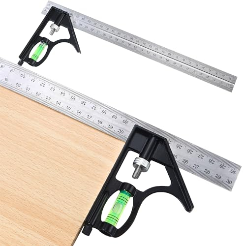 Kombinationswinkel 300mm, Anschlagwinkel Universalwinkel mit Wasserwaage und Anreissnadel, Einstellbar Winkelmesser aus Edelstahl 90/45 Grad Messwerkzeug mit Zinklegierungsgriff