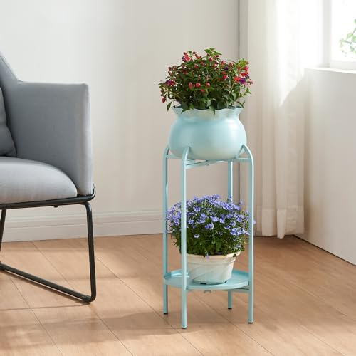 [en.casa] Blumenständer Altena Pflanzenständer mit Blumentopf und Ablage Metall Hellblau Pflanzenregal 80,5 x 40 x 40 cm Blumensäule für innen Blumentopfständer