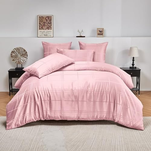 DXHOME Bettwäsche 135x200 cm Rosa Altrosa Geometrische Seide Satin Bettbezug Set Weiche Microfaser Wendebettwäsche Bettbezug mit Reißverschluss + 1 Kissenbezug 80x80 cm