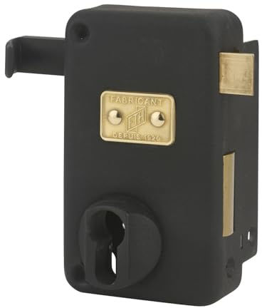 FTH - Serrure en Applique Verticale AV 45 - Coffre Acier Embouti - Mécanisme Deux Tours - Sécurité Renforcée - Pour Portes d'Entrée - Tirage - Droite - Noir Mat