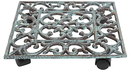 WYRMB Robuster Pflanzenwagen mit Rädern, quadratischer Pflanzenständer aus Gusseisen für drinnen/draußen/Garten, rustikaler Blumentopf-Transporter