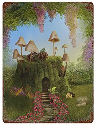 Placa de metal con diseño de casa de fantasía en tronco de árbol con setas, arte vintage para colgar en la pared, placa de pintura de hierro para el hogar, cocina, jardín, 15.7 x 11.8 pulgadas