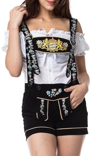 Trachten Lederhose Damen Schwarz Trachtenlederhose Kurz mit Hosenträger Trachtenhose Trachte Jogginghose Elegante Hemden für Damen Bayerische Traditionelle Lederhosen für Oktoberfest Outfit