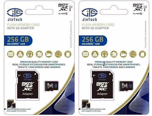 Memoria Micro SD de 256 GB, paquete de 2 unidades + adaptador, U3, 4K Clase 10. Velocidad de lectura SDXC 100 mbs. Almacenamiento expandible para teléfonos, tabletas, PC, Mac, cámaras y otros