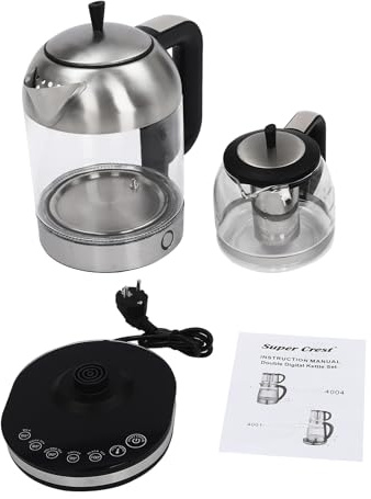 Bouilloire électrique en verre et machine à thé 2 l + 1 l - 1800 W - Design amovible - Passoire à thé pour thé en vrac et thé aux fleurs