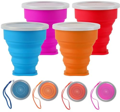 Tomoyuki 4 Stück Faltbecher Silikon mit Deckel, Faltbarer Becher - 200ml | Tragbarer Faltbarer Becher für den Außenbereich Outdoor Camping Picknick Wandern Reisen