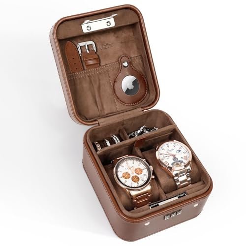 KAMIER Uhrenbox 2, Zahlenschloss Watch Box, PU Leder Uhrenaufbewahrung für Herren und Madame, Uhrenetui Tragbarer Reise für Ringe und Ohrringe, Smartwatches(bis zu 50 mm) mit Geschenkbox