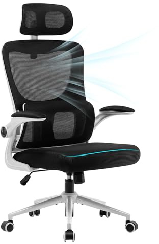 LIYURUI Ergonomischer Bürostuhl, Verstellbarer Schreibtischstuhl mit Kopfstütze/selbstadaptiver Lordosenstütze/gepolsterter hochklappbarer Armlehne, atmungsaktiv 125°wippfunktion 360°Drehstuhl, weiß