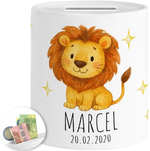 Tassenliebling® Spardose Löwe personalisiert Name, Datum - Spardose Kinder mit Tiermotiv - Kinderspardose Mädchen Jungen - Sparschwein, Sparbüchse Geburtstag, Weihnachten, Geburt