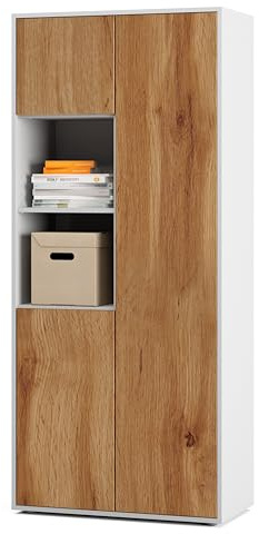 SIMPLYFURN Büroschrank Amira T20, Weiß/Eiche Wotan, 180x80x40 cm | 2 offene Fächer, Push-to-Open, Aktenschrank und Mehrzweckschrank für Büro