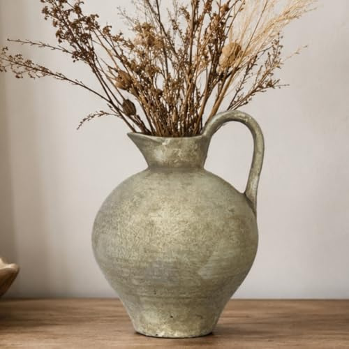 JIDOFUE Weiße rustikale Keramik Gelb Vase Vintage Blume Vase,Keramik Terrakotta Hoher Boden Bauernhaus Rustikal für Minimalismus Home Decor Mittelstück