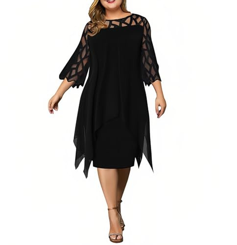 Meichoon Abito da donna taglia grande 3/4 maniche in chiffon, scollo a giro, in pizzo, svasato, orlo irregolare, completo in un pezzo, Nero , XXL-3XL Plus