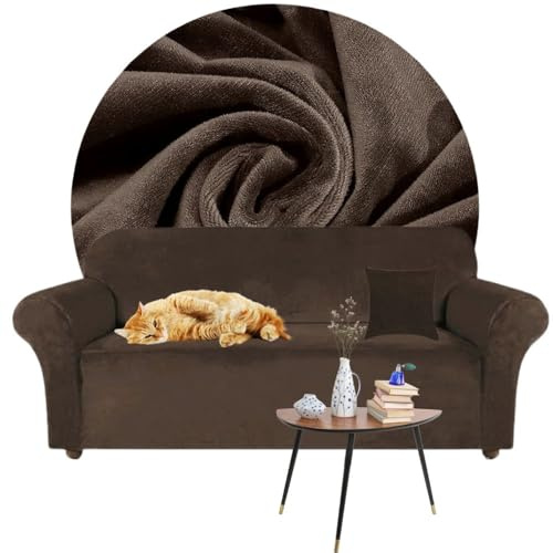 Domidekor - Sofa Überzug Braun - Couch und Sofabezug 4 Sitzer - Sofaüberwurf für Wohnzimmer - Sesselbezug Stretch - Elastische Samt Couchbezug - Breite 235-300cm - Oeko-Tex 100
