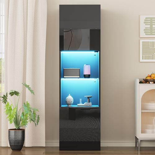 GigaXynium Glasvitrine mit Beleuchtung, Vitrinenschrank Hochglanz Schwarz mit Türen und 3 Schubladen, 180cm Hochschrank, Bücherschrank Küchenschrank, Mehrzweckschrank (Schwarz, 45x35x160 cm)