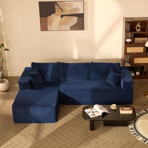 Litbird 272cm L-Shaped Boneless Sofa, Corduroy Fabric, Navy | No Assembly Required, Deep Seat Design, Soft Corduroy Upholstery, Flexible Modular Layout