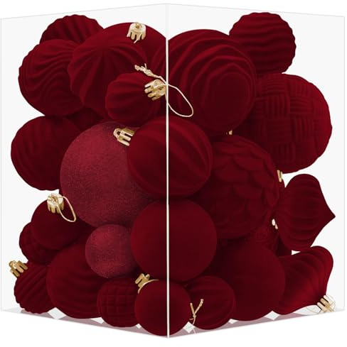Miaikoe 36 PCS Velvet Christmas Hanging Ornament Balls Decoration Christmas Tree Shatterproof Ornaments Set for Xmas Tree Holiday Home Decor (Wine Red)