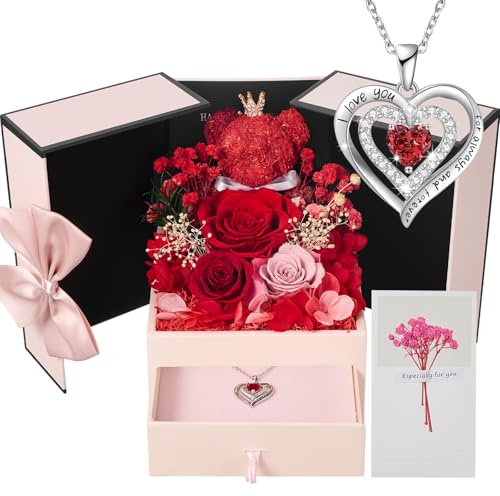 Rose Eternelle Cadeau pour Femme pour la Fête des Mères | Roses Uniques Conservées Fleurs avec Ours Rose et Collier Cadeaux pour Maman,Épouse,Grand-Mère | Anniversaire,Fête des Mères,Anniversaire