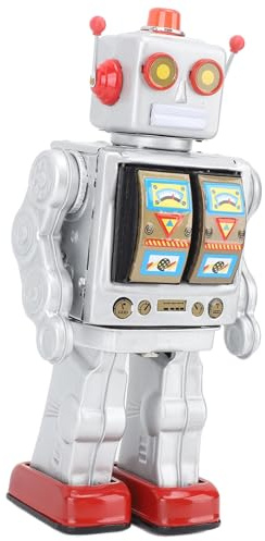 KIMISS Metal Tin Robot Toy - Retro Electric Walking & Rotating Collectible with Fire Sound for Kids & Adults (Silver)