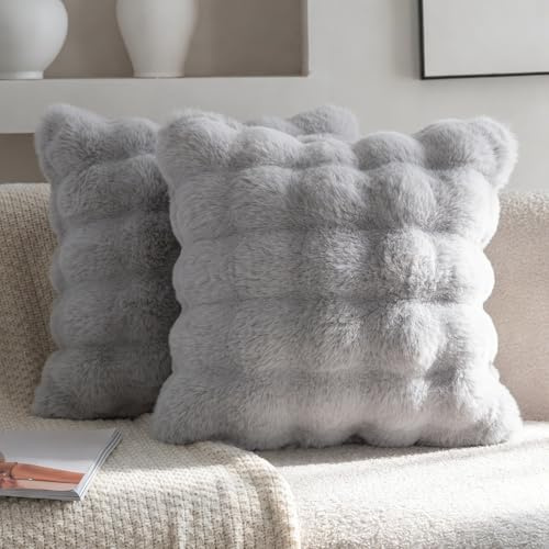 Neelvin 2er Set Decorative Kissenbezug Superweichen Plüsch Kurze Wolle Kissenhülle Luxus Zierkissenbezüge Sofakissen für Sofa Wohnzimmer Schlafzimmer 55x55cm Hellgrau